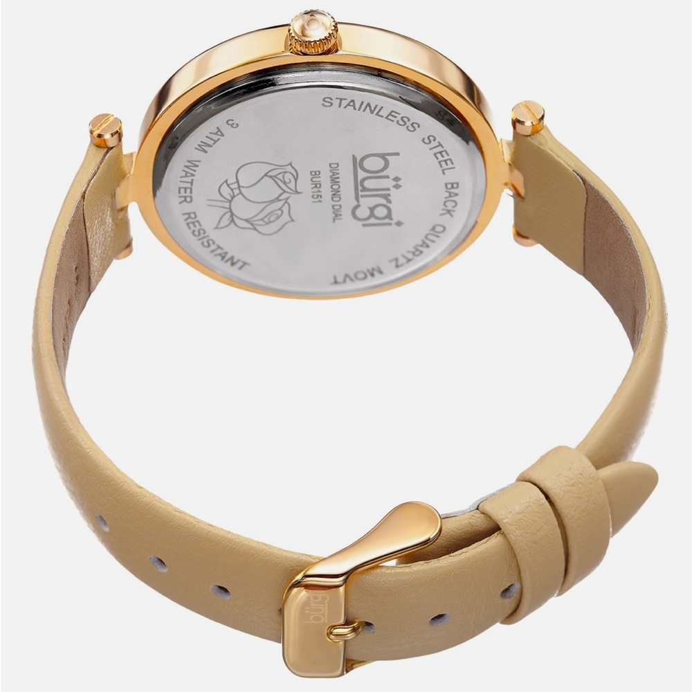 Women's Burgi Flower Engraved Diamond Dial Genuine Leather Strap Watch with box - Picture 3 of 16